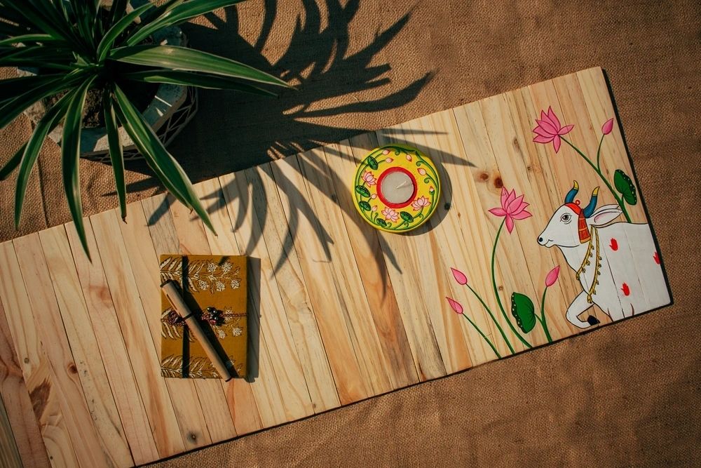 Pichwai Art Multipurpose Runner | Natural Reclaimed Wood | Foldable | Stain-Proof | Scrapshala