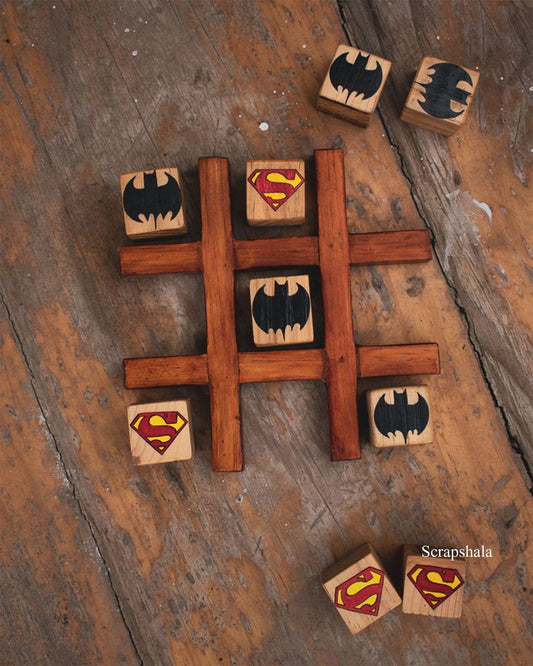 Superman vs Batman Tic-Tac-Toe Game | Handcrafted from Reclaimed Pine Wood | Eco-Friendly & Kid-Friendly | Scrapshala