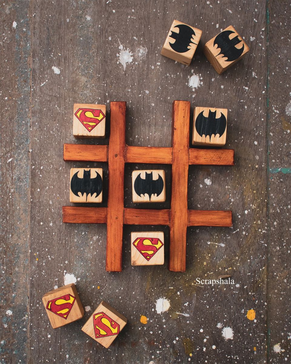 Superman Batman Inspired Tic-Tac-Toe | Strategy | Handcrafted | Reclaimed Wood | Scrapshala