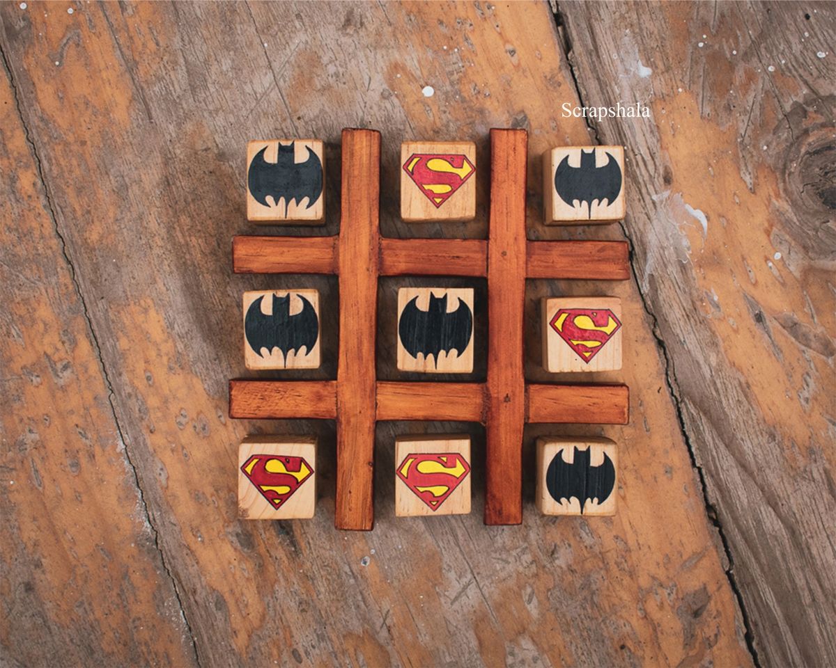 Superman Batman Inspired Tic-Tac-Toe | Strategy | Handcrafted | Reclaimed Wood | Scrapshala