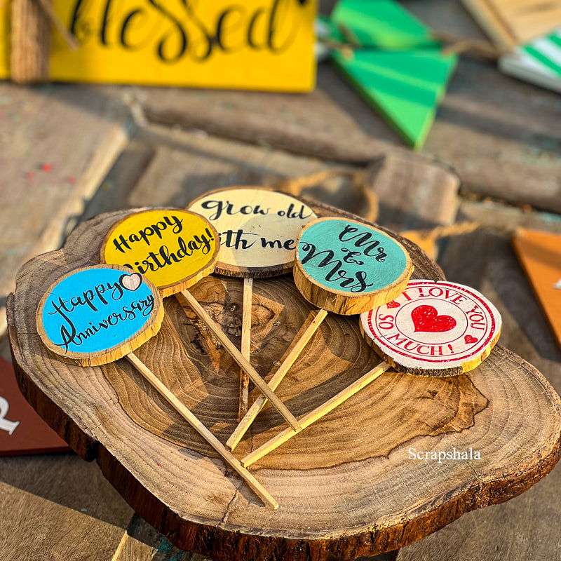 Cake Topper Pack | Multipurpose | Resuable | Handpainted | Natural Wood | Scrapshala