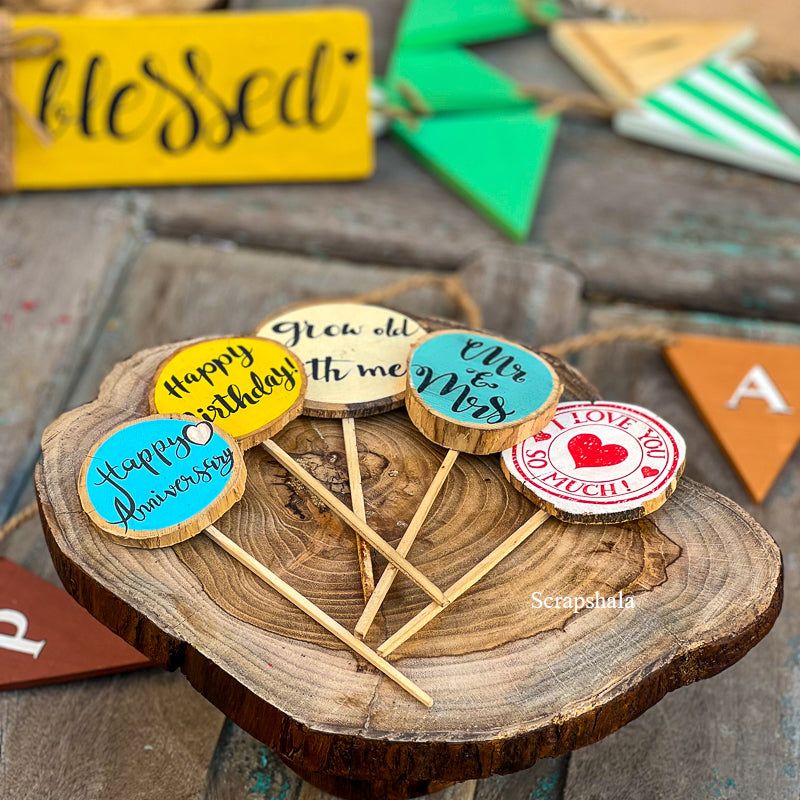 Cake Topper Pack | Multipurpose | Resuable | Handpainted | Natural Wood | Scrapshala