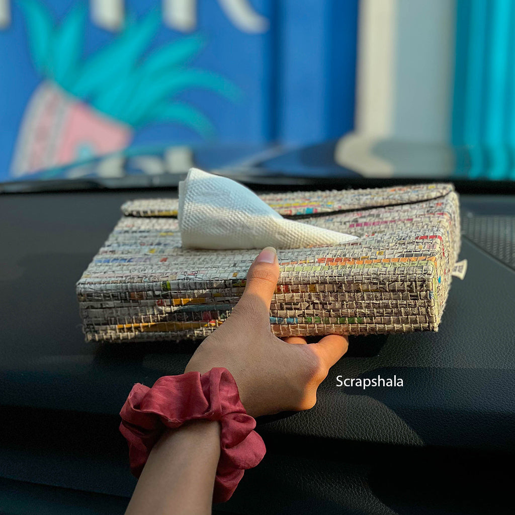 Tissue Dispenser Box | Portable | Upcycled Paper | Handloom textile | Scrapshala
