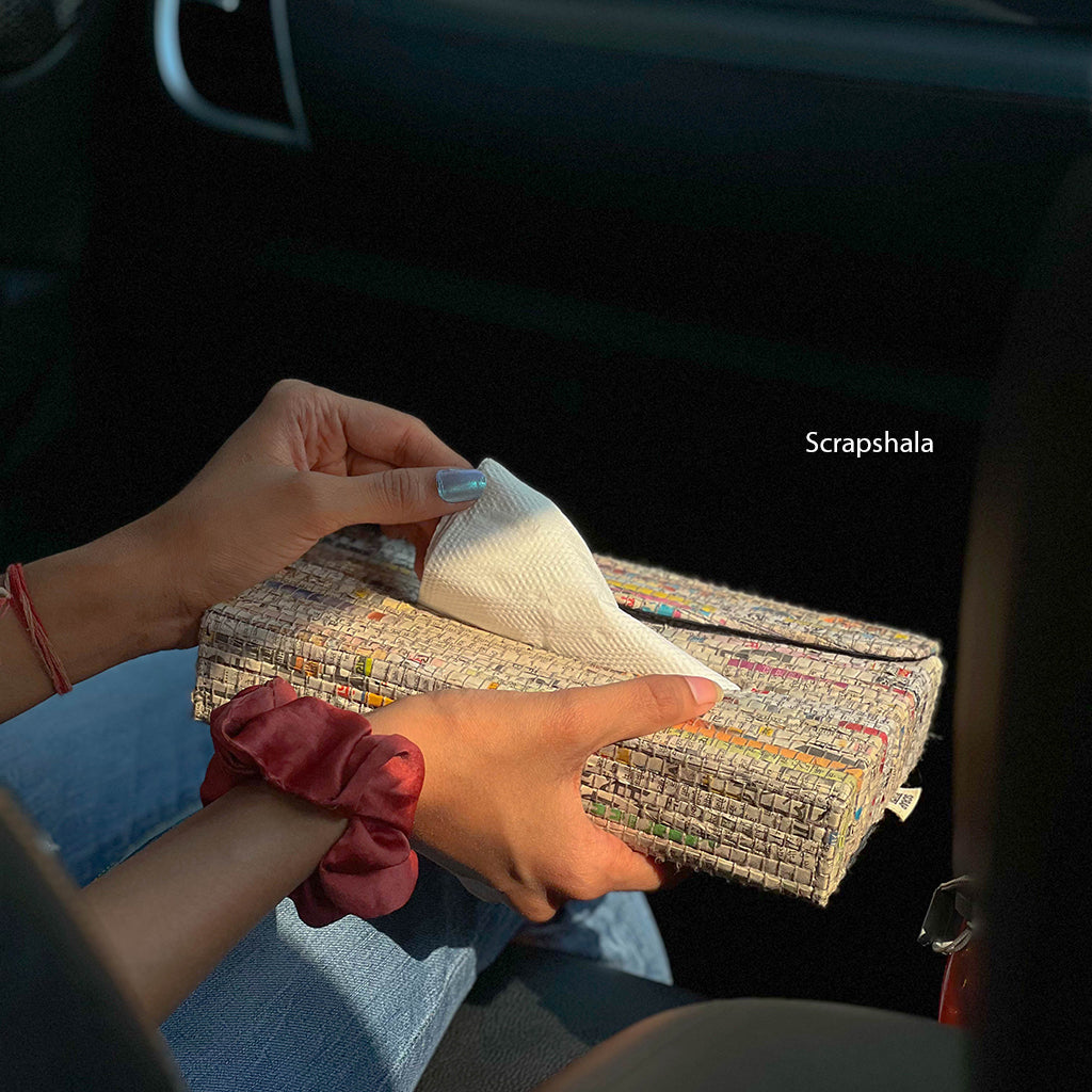 Tissue Dispenser Box | Portable | Upcycled Paper | Handloom textile | Scrapshala