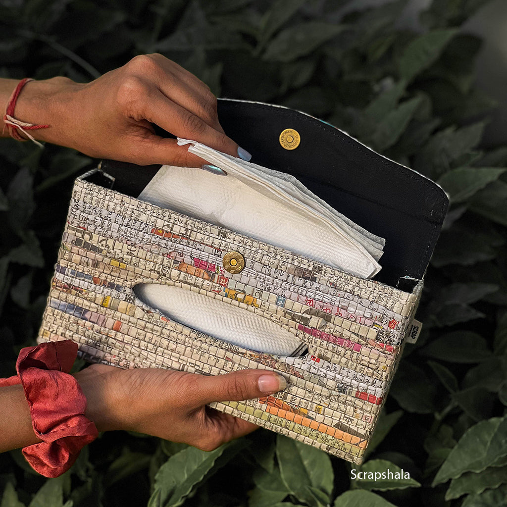 Tissue Dispenser Box | Portable | Upcycled Paper | Handloom textile | Scrapshala