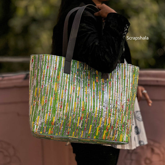 CHAMKILA Upcycled Tote Bag – Eco-Friendly Multicolor Tote Made from Single-Use Plastic Wrappers | Handcrafted by Women Artisans