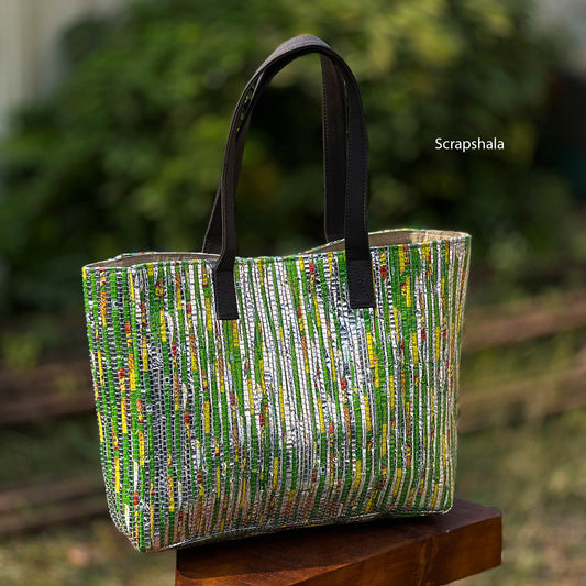 CHAMKILA Upcycled Tote Bag – Eco-Friendly Multicolor Tote Made from Single-Use Plastic Wrappers | Handcrafted by Women Artisans