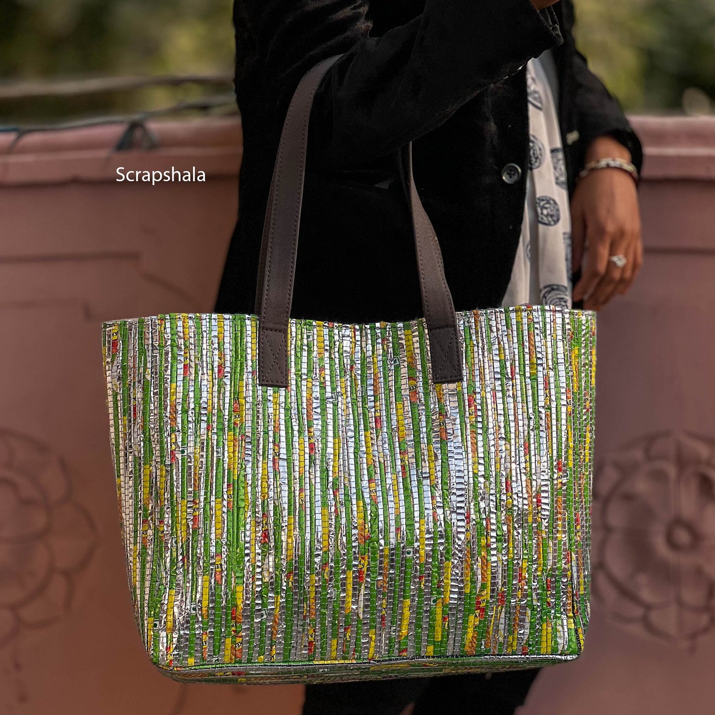 CHAMKILA Upcycled Tote Bag – Eco-Friendly Multicolor Tote Made from Single-Use Plastic Wrappers | Handcrafted by Women Artisans