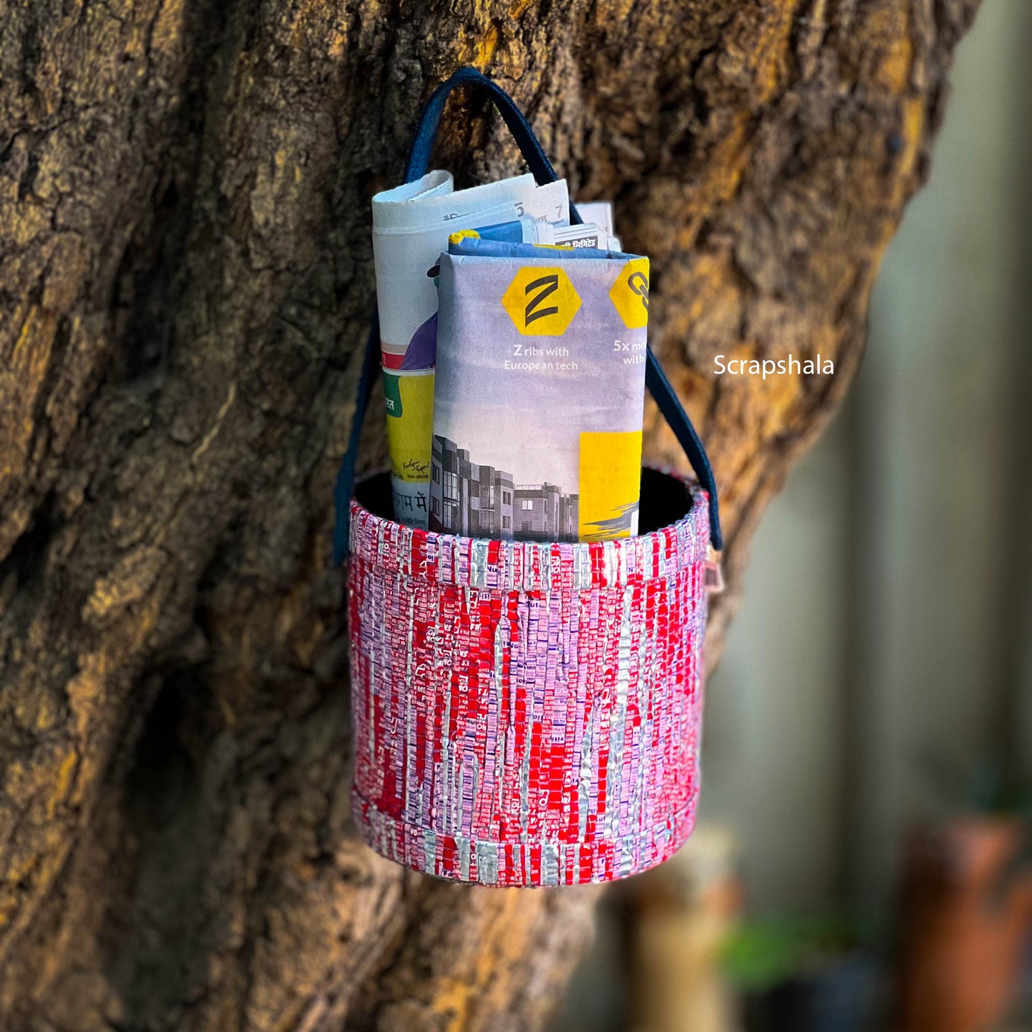 Multipurpose Basket | With Denim Handle | Upcycled Plastic | Handloom textile | Scrapshala