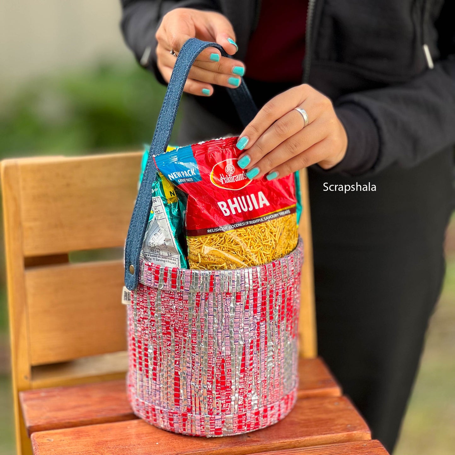 Multipurpose Basket | With Denim Handle | Upcycled Plastic | Handloom textile | Scrapshala