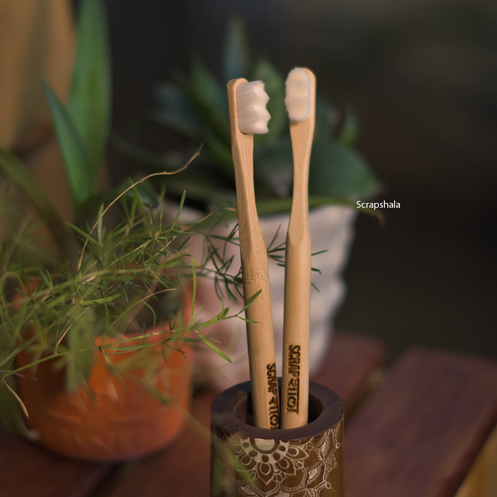 Nano Bambooclean Toothbrush Set | Natural Bamboo Handle | Ultra-Soft zig-zag Bristles | Round handle | Scrapshala