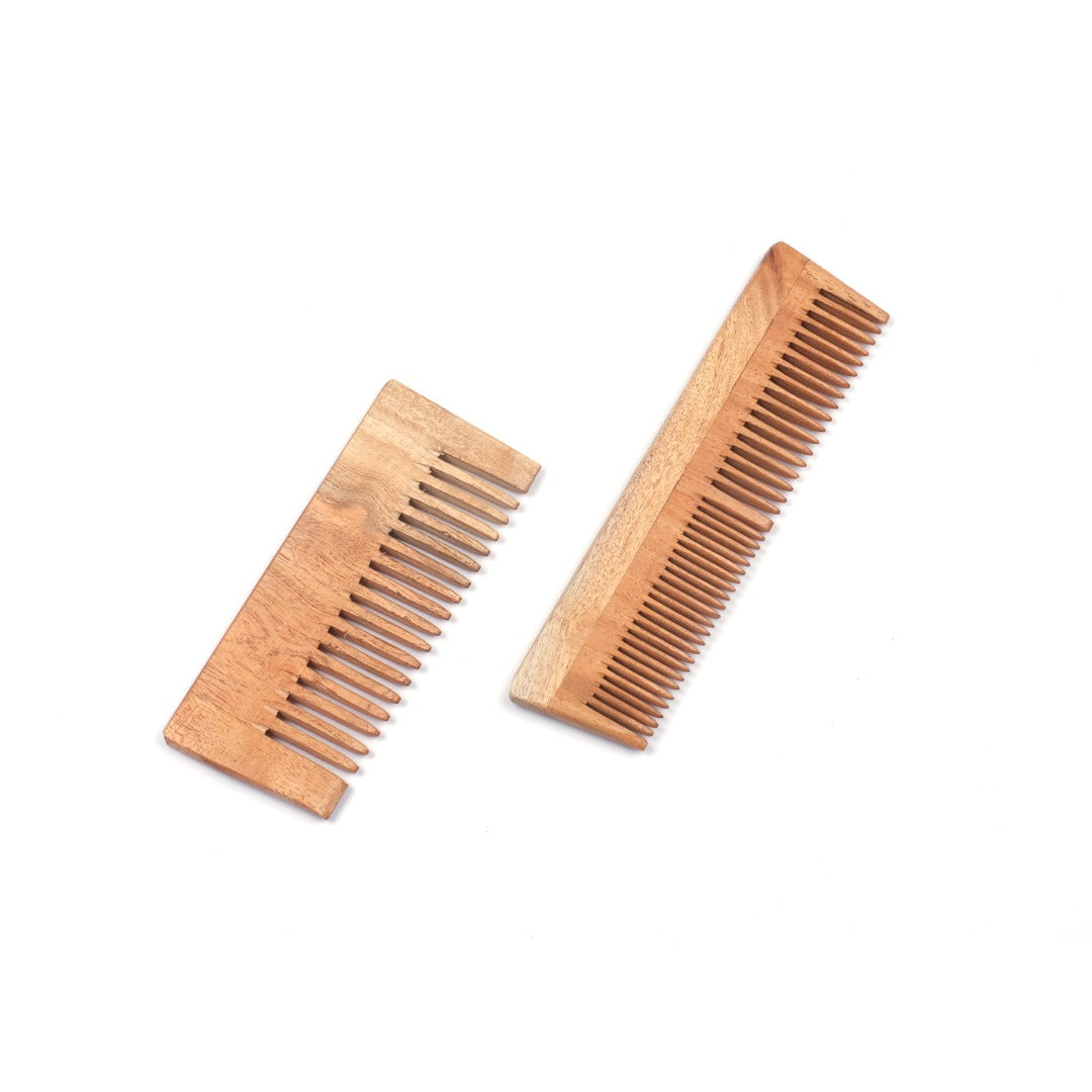 Neem Wood Hair Comb Set (Pack of 2) | Anti-Dandruff, Anti-Static & Plastic-Free Hair Care