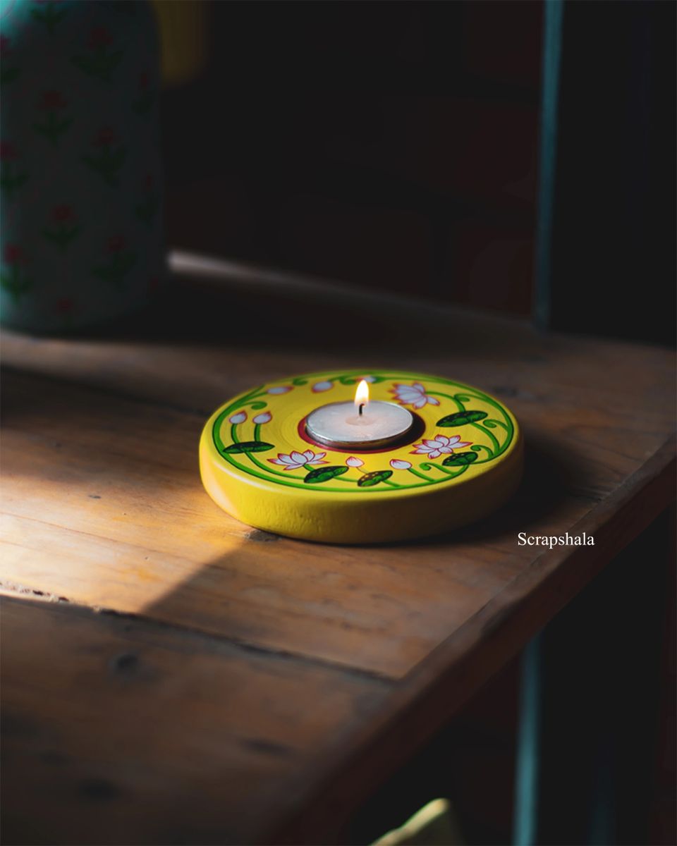 Pichwai Tea Light Holder | Reusable | Handpainted | Made in India | Reclaimed Wood | Scrapshala