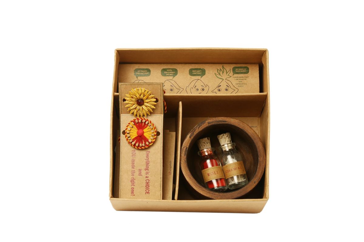 Plantable Seed Rakhi Premium Box | Pair of 2 rakhi | Roli-Chawal | Wooden Planter | Seed Barfi Box | Handmade in Banaras | Scrapshala