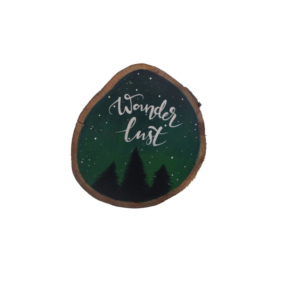Wanderlust Wooden Log Plate | Hand-painted | Stain-proof | Upcycled | Scrapshala
