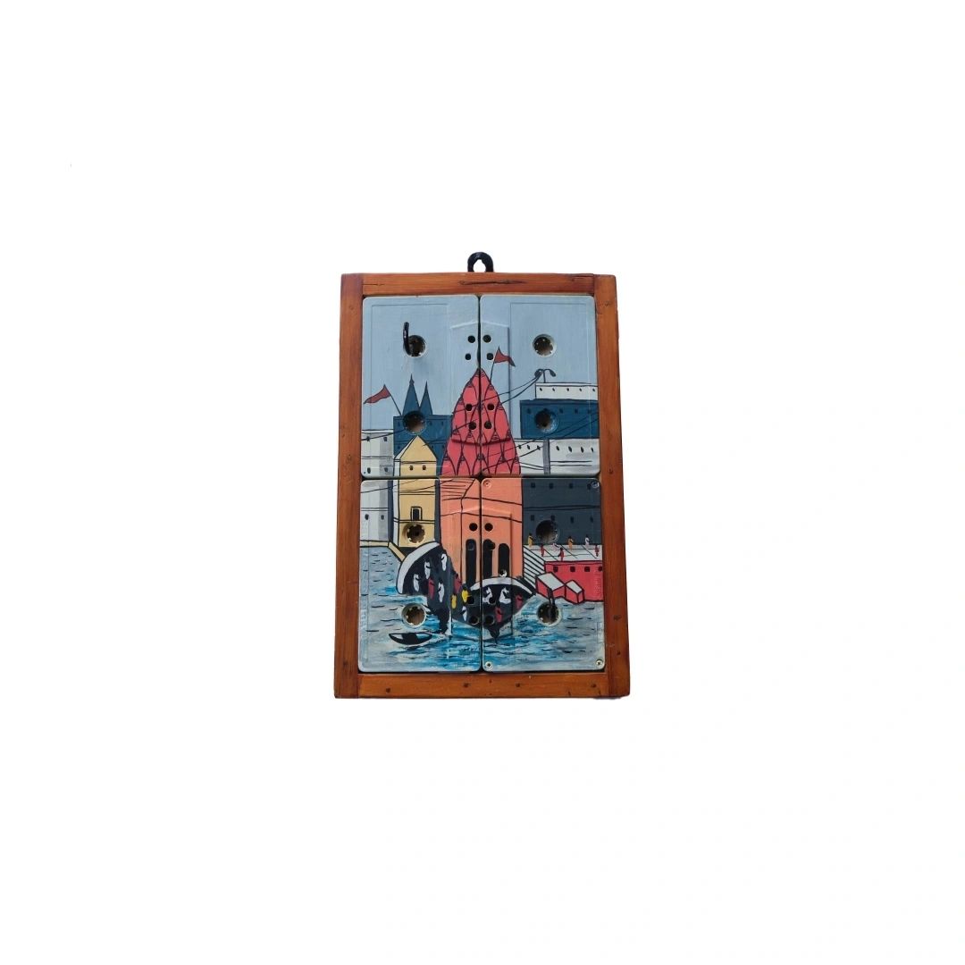 Temples of Banaras Key Holder | 2 Hooks | Handpainted | Upcycled audio cassette | Scrapshala