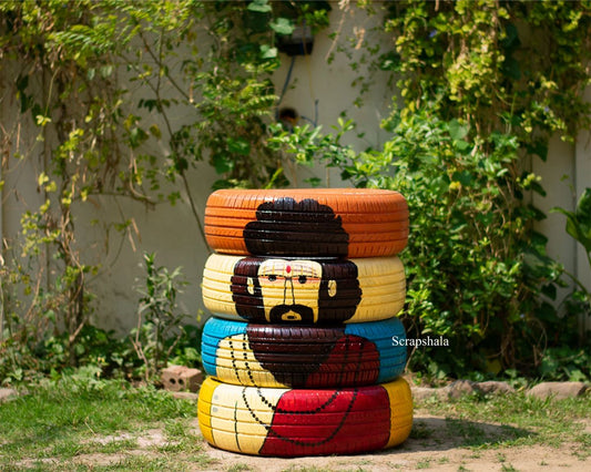 Sadhu Tyre Seater | Set of 4 Upcycled Car Tyres | Handcrafted & Hand-Painted Outdoor Furniture by Scrapshala | Café & Lounge Seating