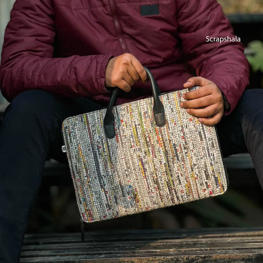 Minimalist Laptop Bag | Upcycled Paper | Flexible Tube Handle | Handloom textile | Scrapshala