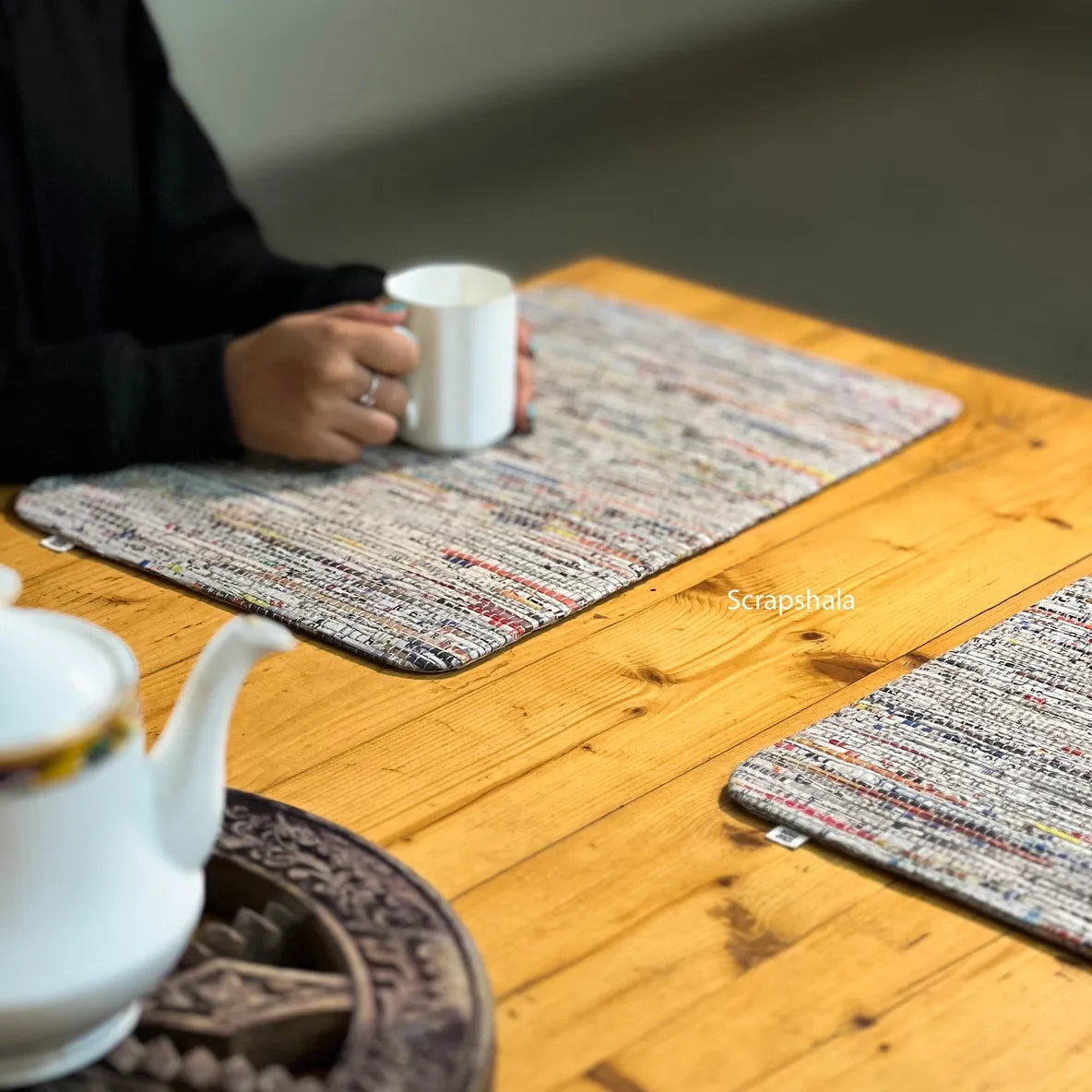 Table Place Mats | Pack of 4 | Reversible | Upcycled Paper | Handloom textile | Scrapshala