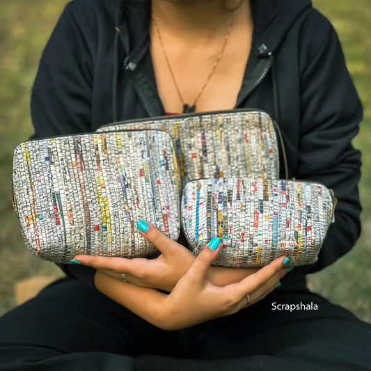 Utility Zip Pouch set of 3 | Handloom textile | Upcycled Paper | Space Saver | Scrapshala
