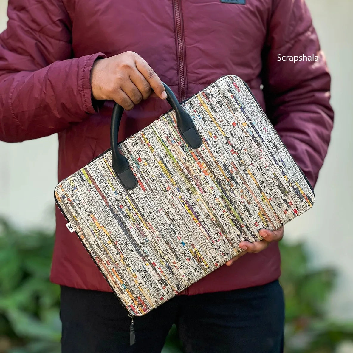 Minimalist Laptop Bag | Upcycled Paper | Flexible Tube Handle | Handloom textile | Scrapshala