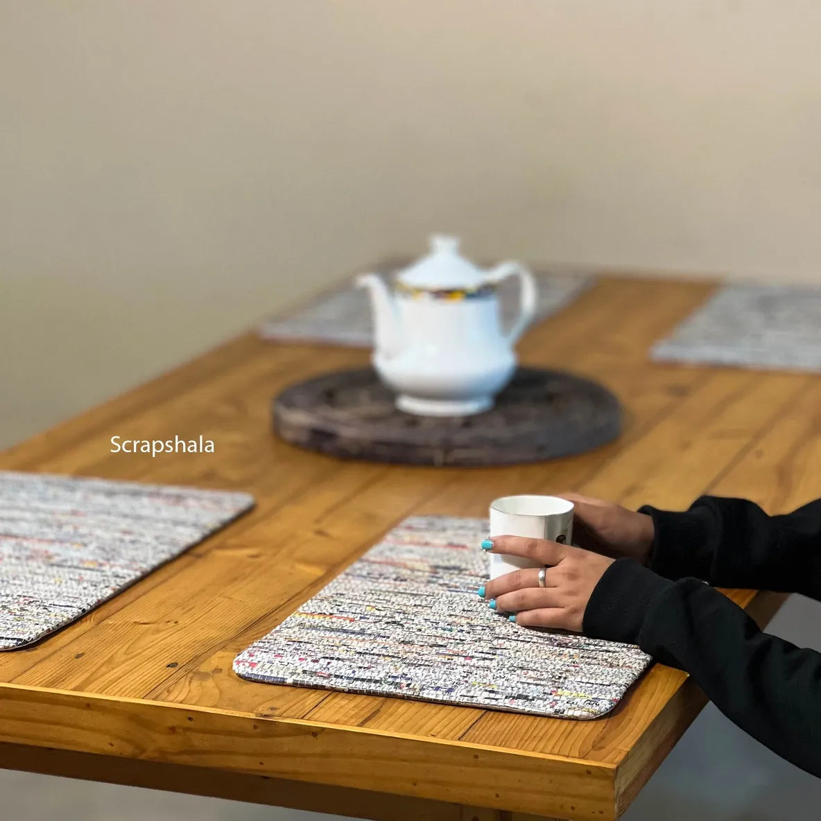 Table Place Mats | Pack of 4 | Reversible | Upcycled Paper | Handloom textile | Scrapshala