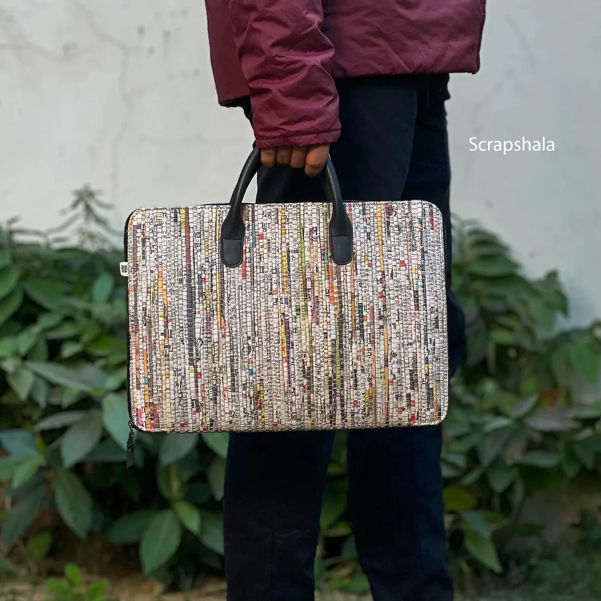 Minimalist Laptop Bag Upcycled Paper Flexible Tube Handle Handloom textile Scrapshala