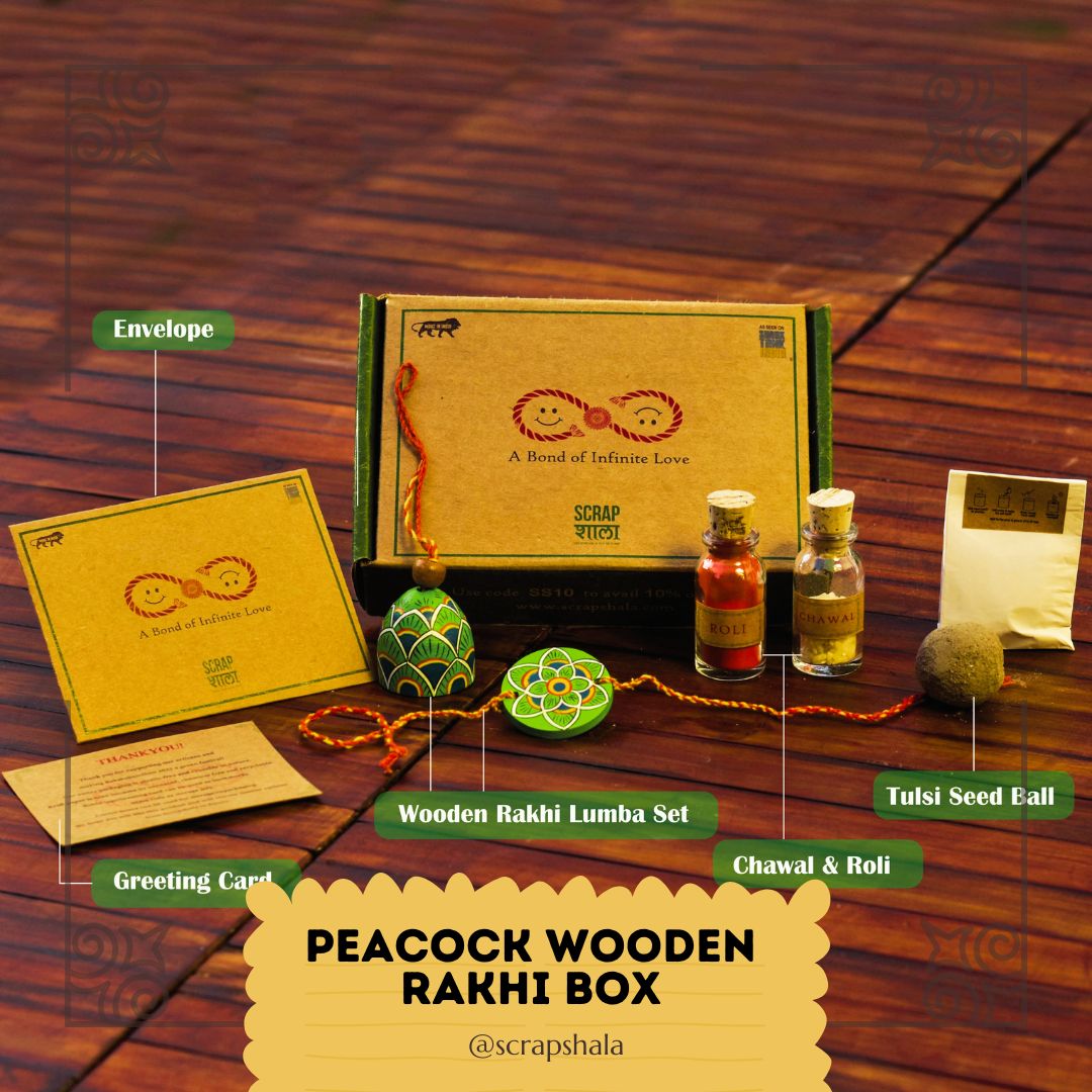 Peacock Wooden Rakhi Family Box | Pair of 2 Reusable Rakhi | Roli-Chawal | Seed Ball | Handmade In Banaras | Scrapshala