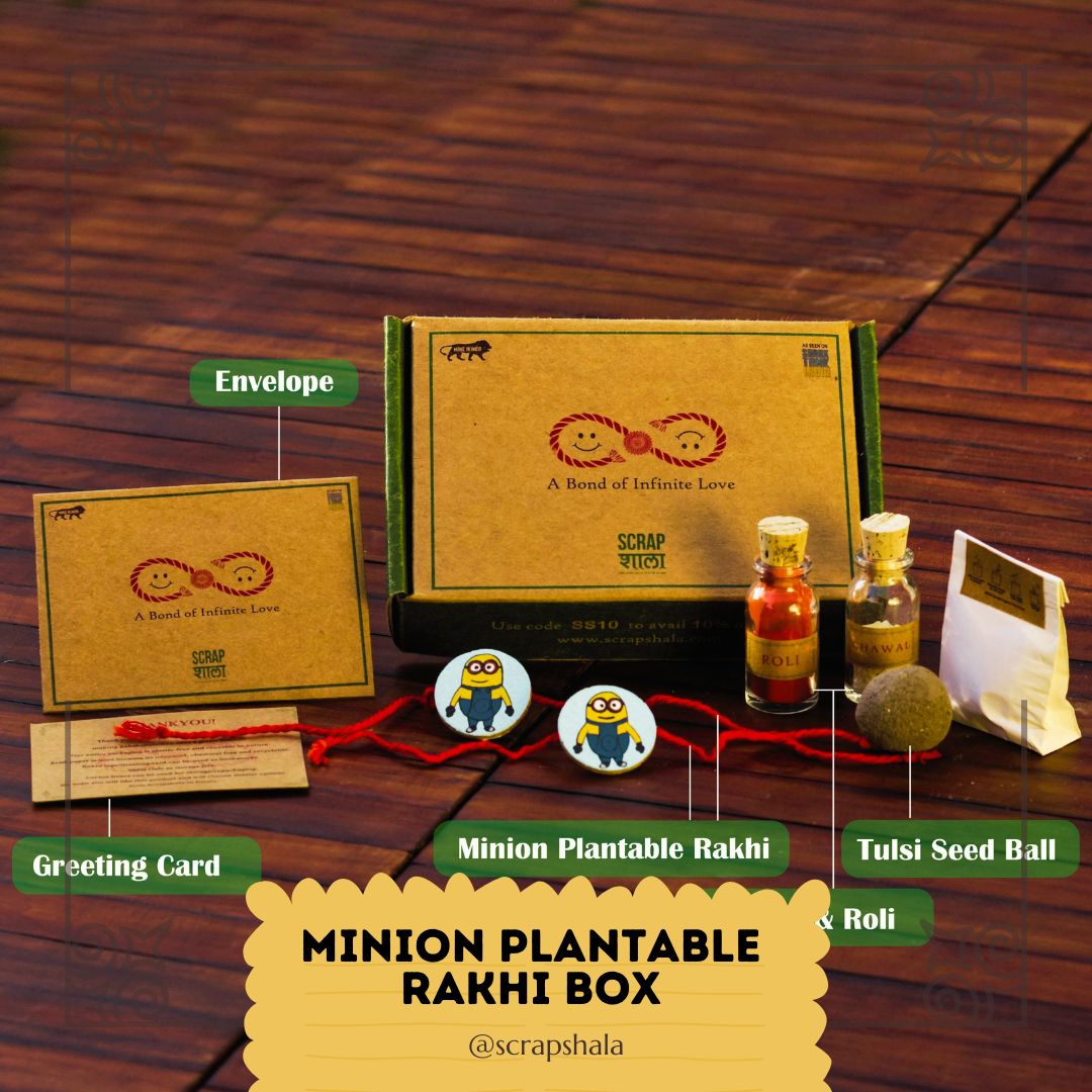 Minion Plantable Rakhi Family Box | Pair of 2 Rakhi | Roli-Chawal | Seed Ball | Handmade In Banaras | Scrapshala
