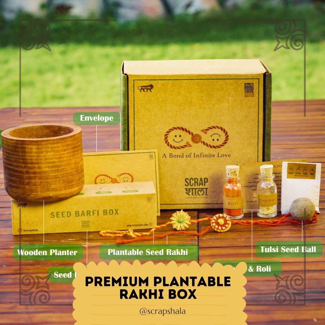 Plantable Seed Rakhi Premium Box | Pair of 2 rakhi | Roli-Chawal | Wooden Planter | Seed Barfi Box | Handmade in Banaras | Scrapshala