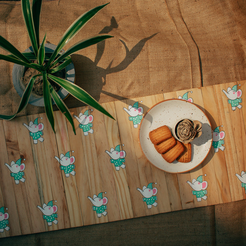 Dancing Elephant Wooden Table Runner - Handpainted Wooden Dining Table Runner | Sustainable Home Décor