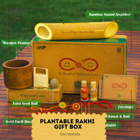 Plantable Seed Rakhi Gift Box | Pair of 2 rakhi | Roli-Chawal | Wooden Planter | Seed Barfi Box | Bamboobeat Sound Amplifier | Tulsi Plant | Handmade in Banaras | Scrapshala