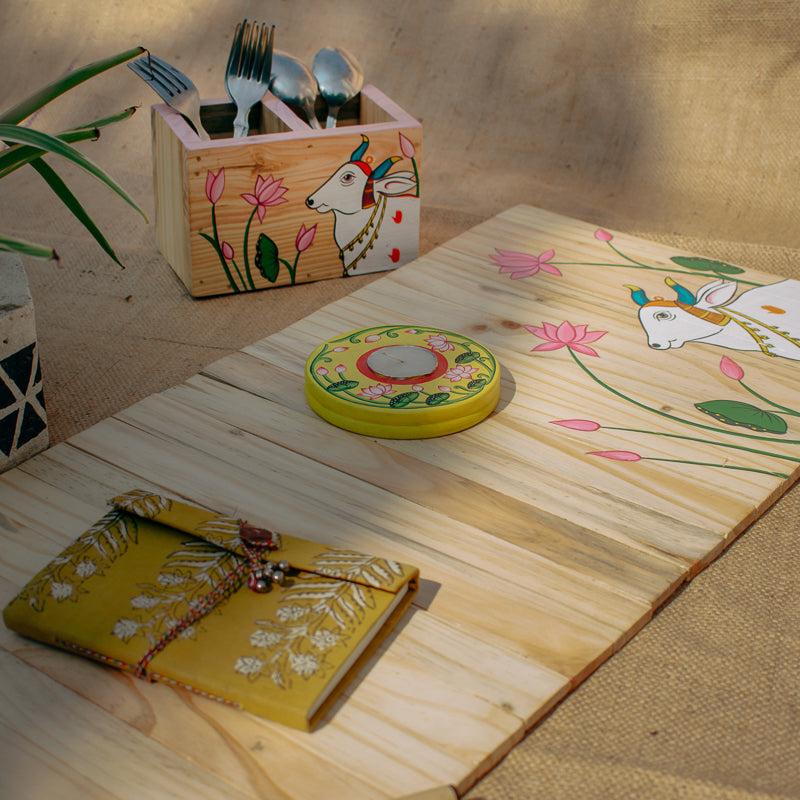 Pichwai Art Multipurpose Runner | Natural Reclaimed Wood | Foldable | Stain-Proof | Scrapshala