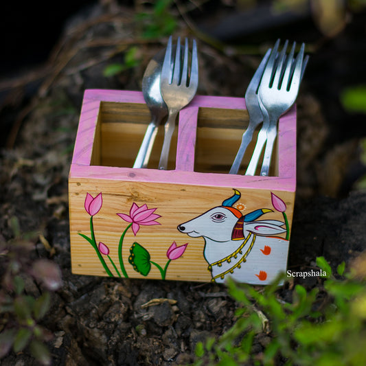 Pichwai Cow Cutlery Holder | Hand-Painted Wooden Table Organizer | Reclaimed Pine Wood | Scrapshala