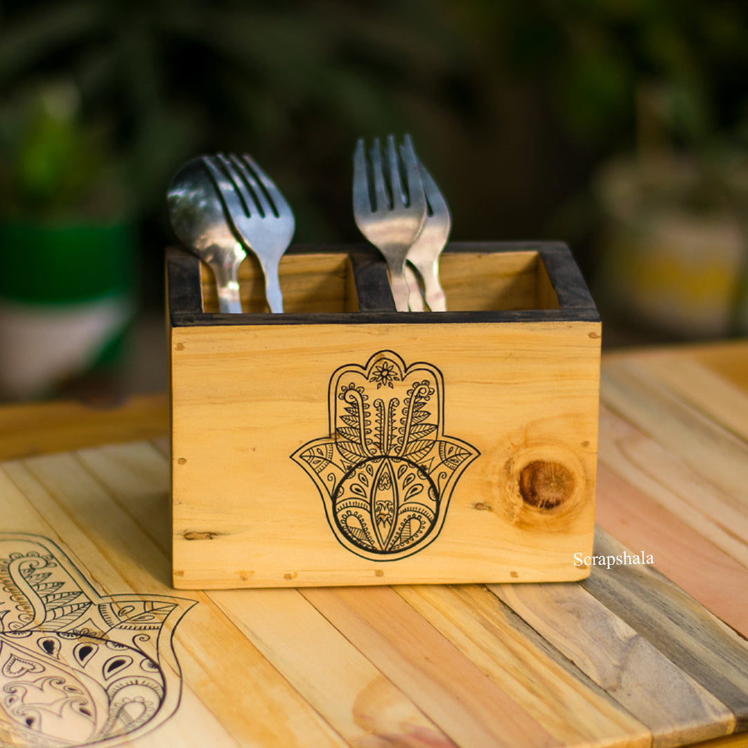 Hamsa Hand Cutlery Holder | Handpainted Wooden Table Organizer | ScrapShala