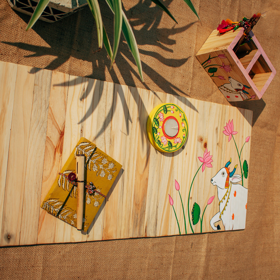 Pichwai Art Multipurpose Runner | Natural Reclaimed Wood | Foldable | Stain-Proof | Scrapshala