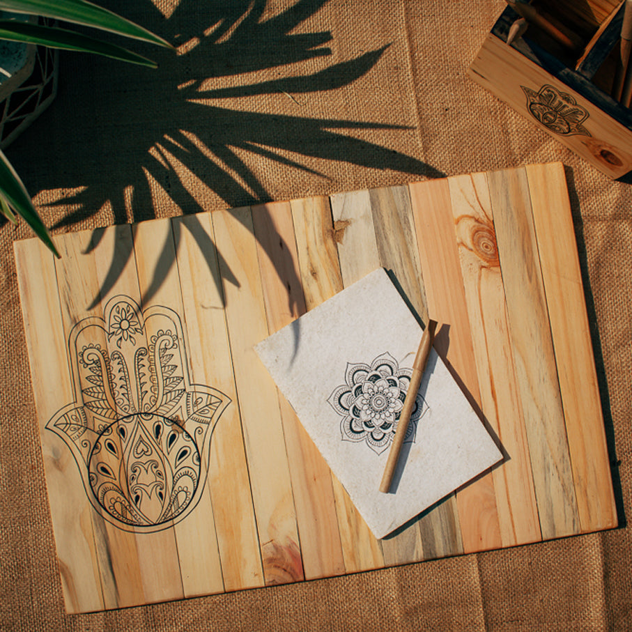 Hamsa Table Place Mat | Natural Reclaimed Wood | Foldable | Stain-Proof | Multipurpose | Scrapshala