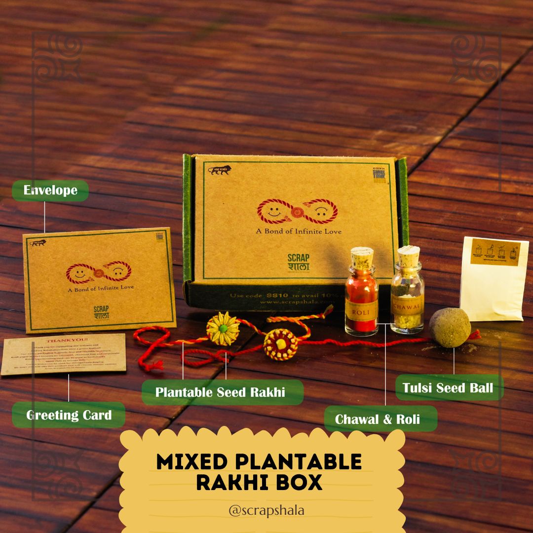 Plantable Seed Rakhi Family Box | Pair of 2 rakhi | Roli-Chawal | Seed Ball | Handmade in Banaras | Scrapshala