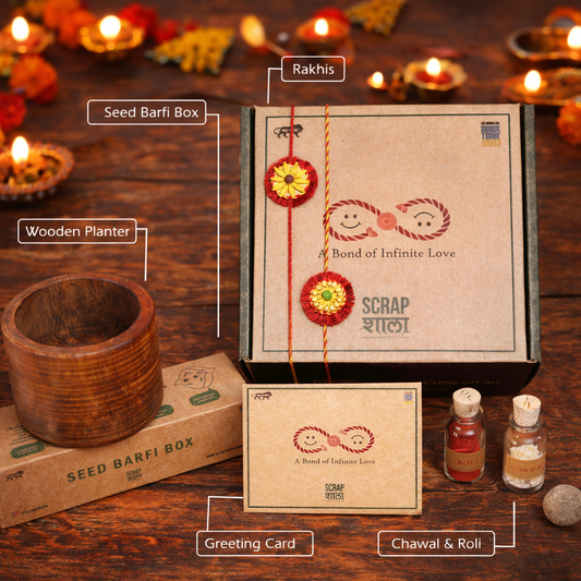 Akkad-Bakkad Premium Rakhi Box | Set of 2 plantable rakhi | Wooden planter | Planting material | Roli-Chawal | Seed ball | Greeting card | Handmade in Banaras