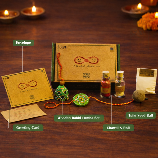 Peacock Wooden Rakhi Family Box | Pair of 2 Reusable Rakhi | Roli-Chawal | Seed Ball | Handmade In Banaras | Scrapshala