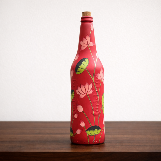 Red Pichwai Lotus Bottle | Washable with cork stopper | Hand-painted | Multipurpose | Scrapshala