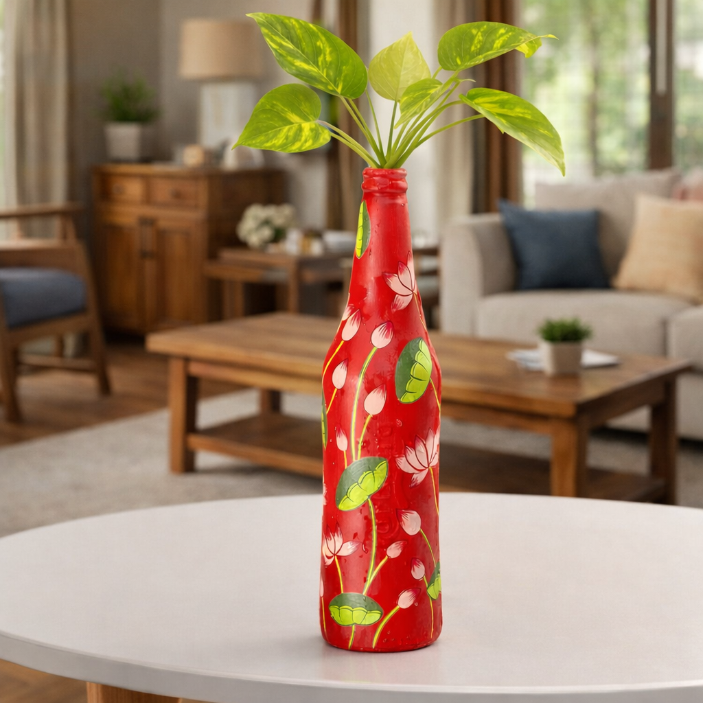 Red Pichwai Lotus Bottle | Washable with cork stopper | Hand-painted | Multipurpose | Scrapshala