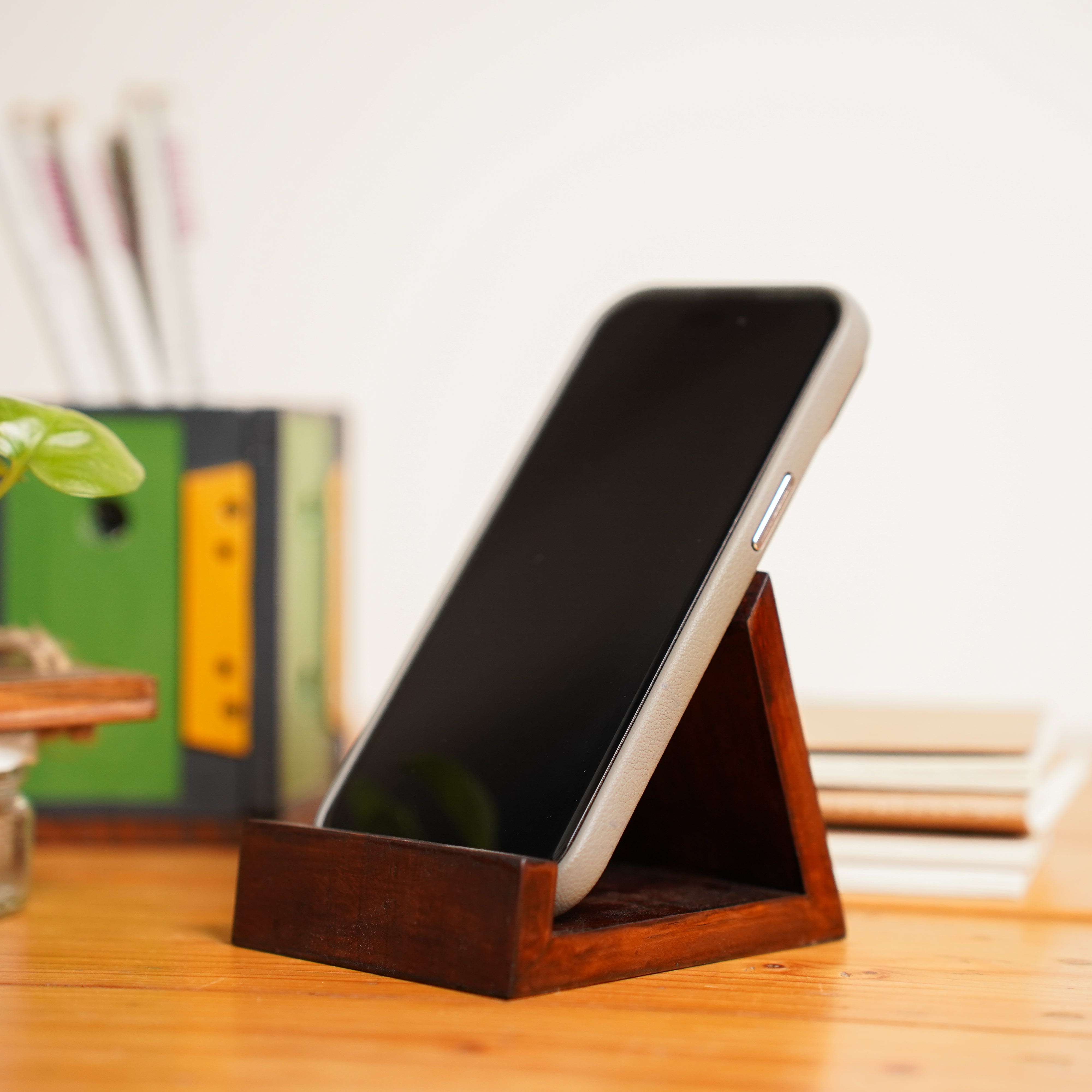 Wooden Mobile Holder Stand | 60° Ergonomic Phone Stand | Reclaimed Pinewood | Handmade & Eco-Friendly