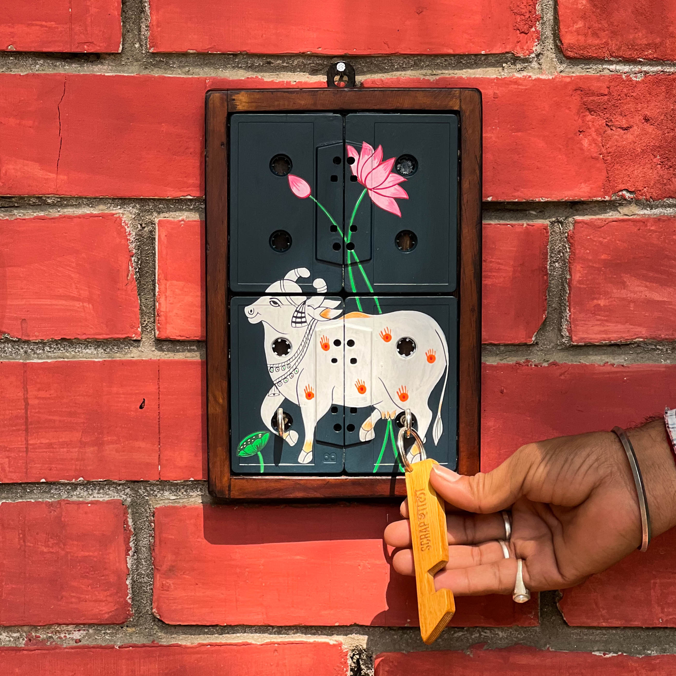 Pichwai Nandi Art Geet Key Holder | Handpainted Upcycled Wall Key Holder | ScrapShala