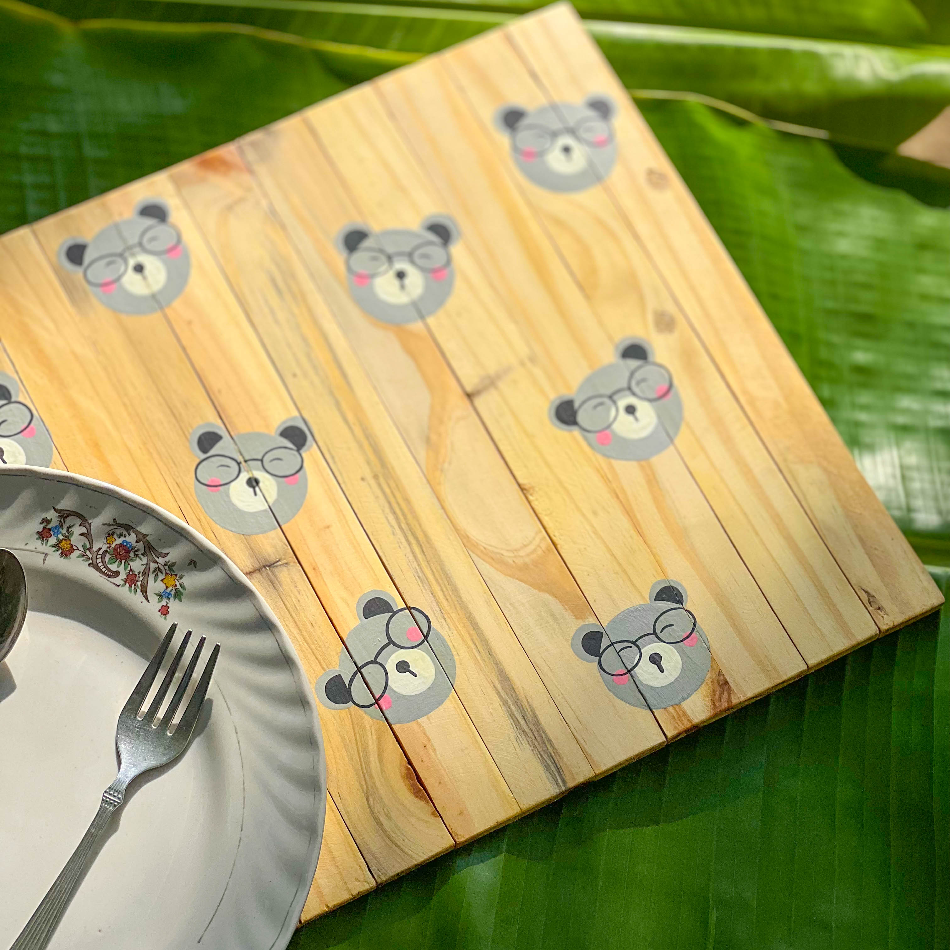 Healthy Bear Place Mat | Multipurpose | Foldable | Stain-Proof | Natural Reclaimed Wood | Scrapshala