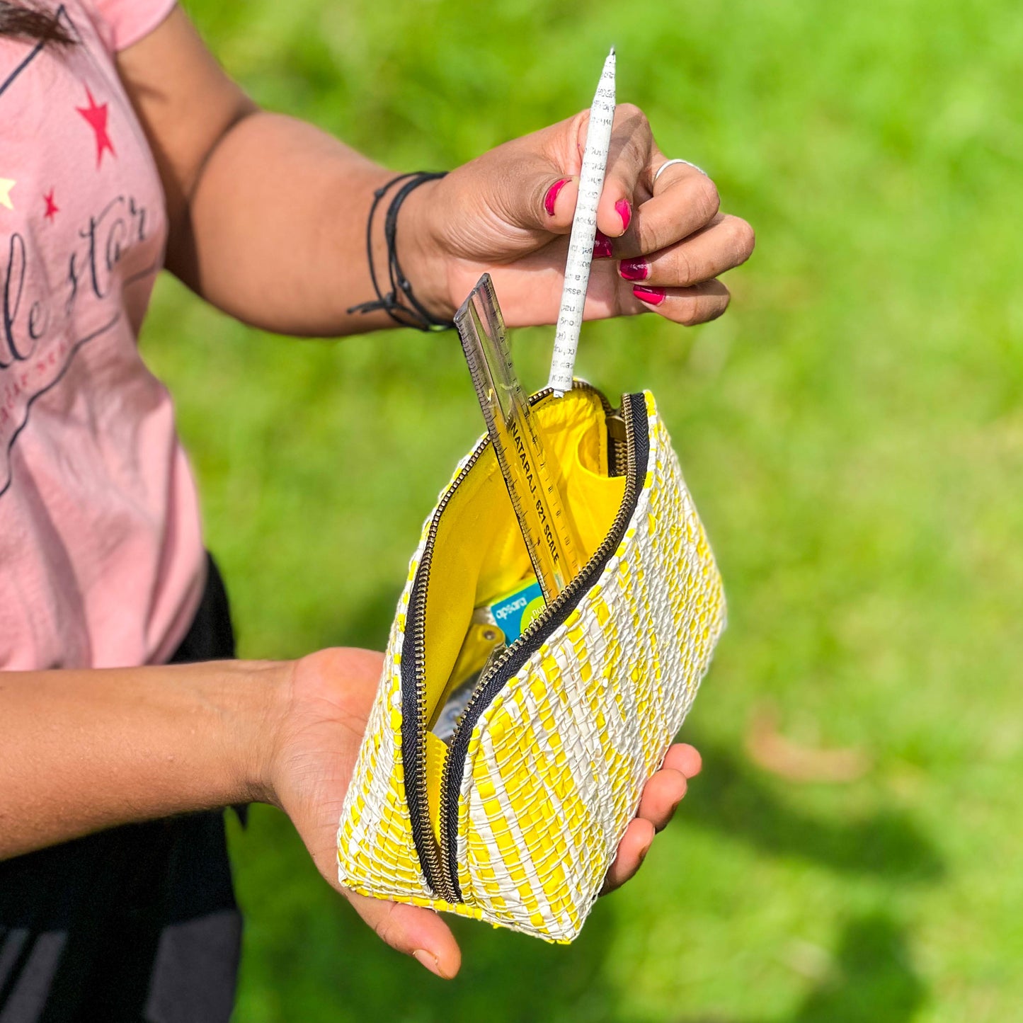 Vibrant Organizer Zip Bag | Small Size | Travel friendly | Light weight | Washable | Upcycled from plastic wrappers