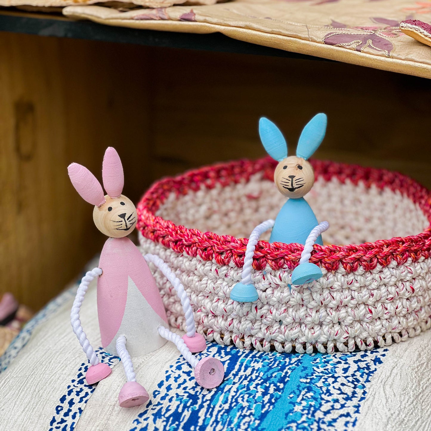 Baby Shower Bunny Gift Basket | Wooden bunny toy set | Handmade Chrochet | Natural Wood | Baby Gift Hamper