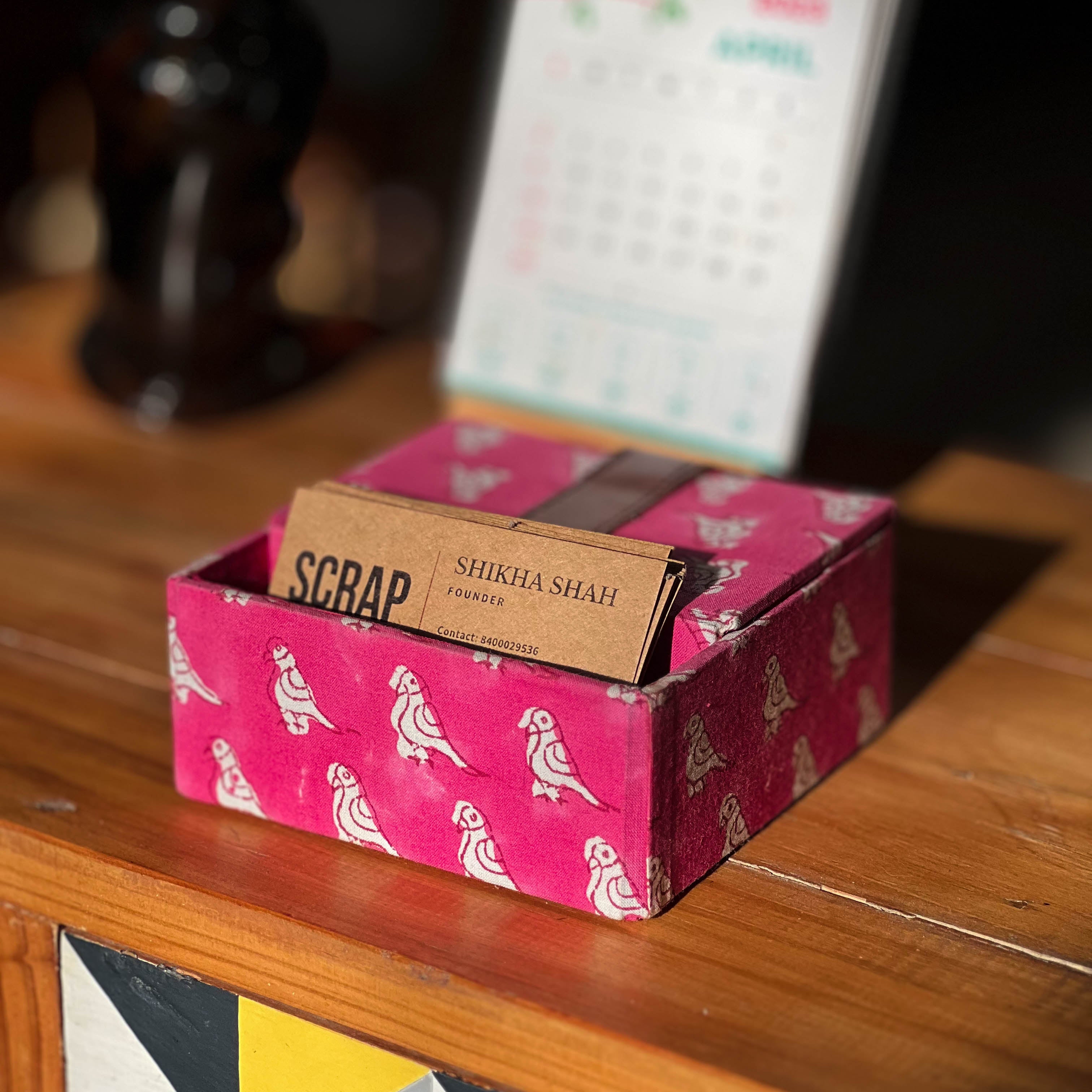 Pink Bird Business Card Holder Box | Handmade Desk Card Organizer | Sustainable Office Accessory | Scrapshala