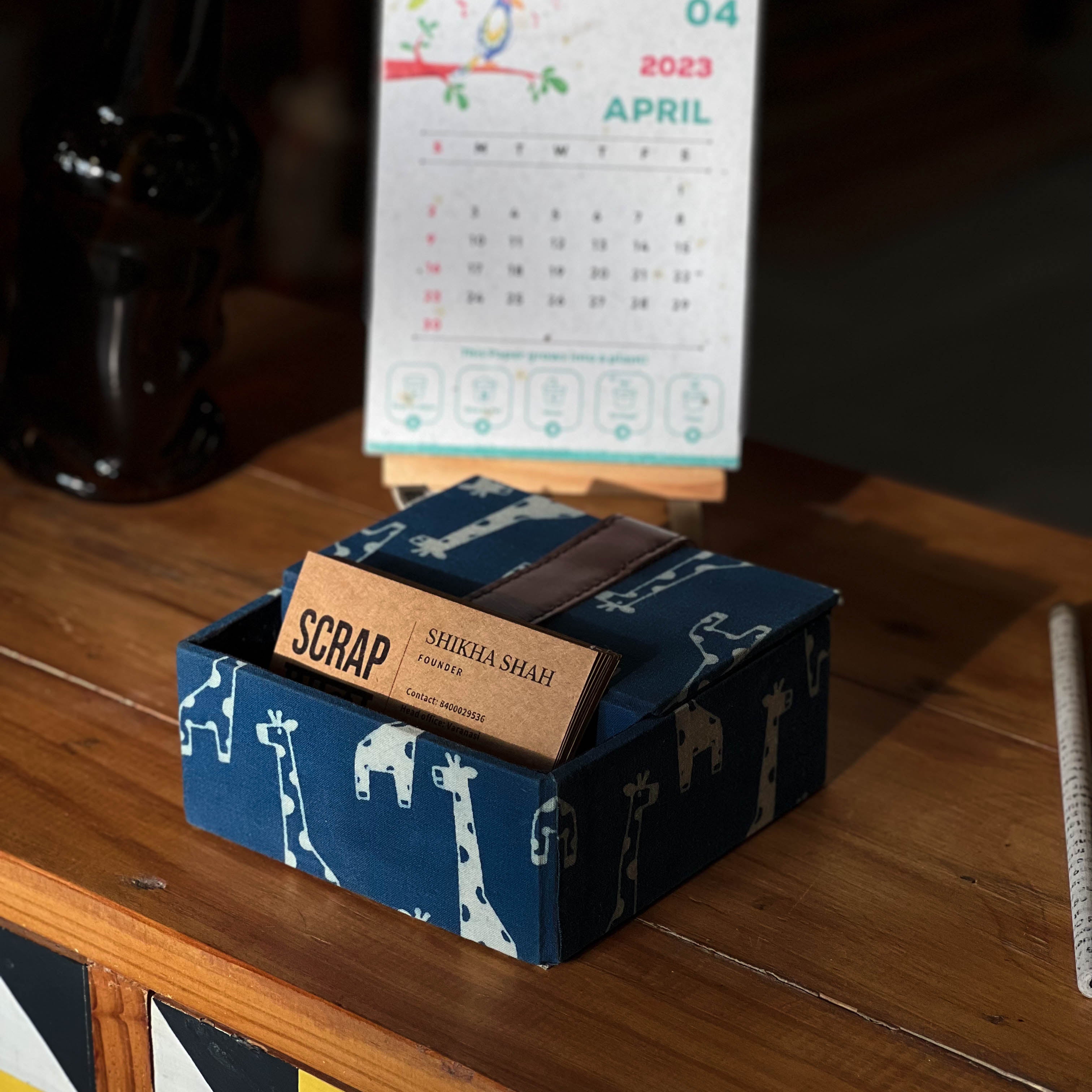 Blue Fauna Business Card Holder Box | Handmade Desk Card Organizer | Sustainable Office Accessory | Scrapshala