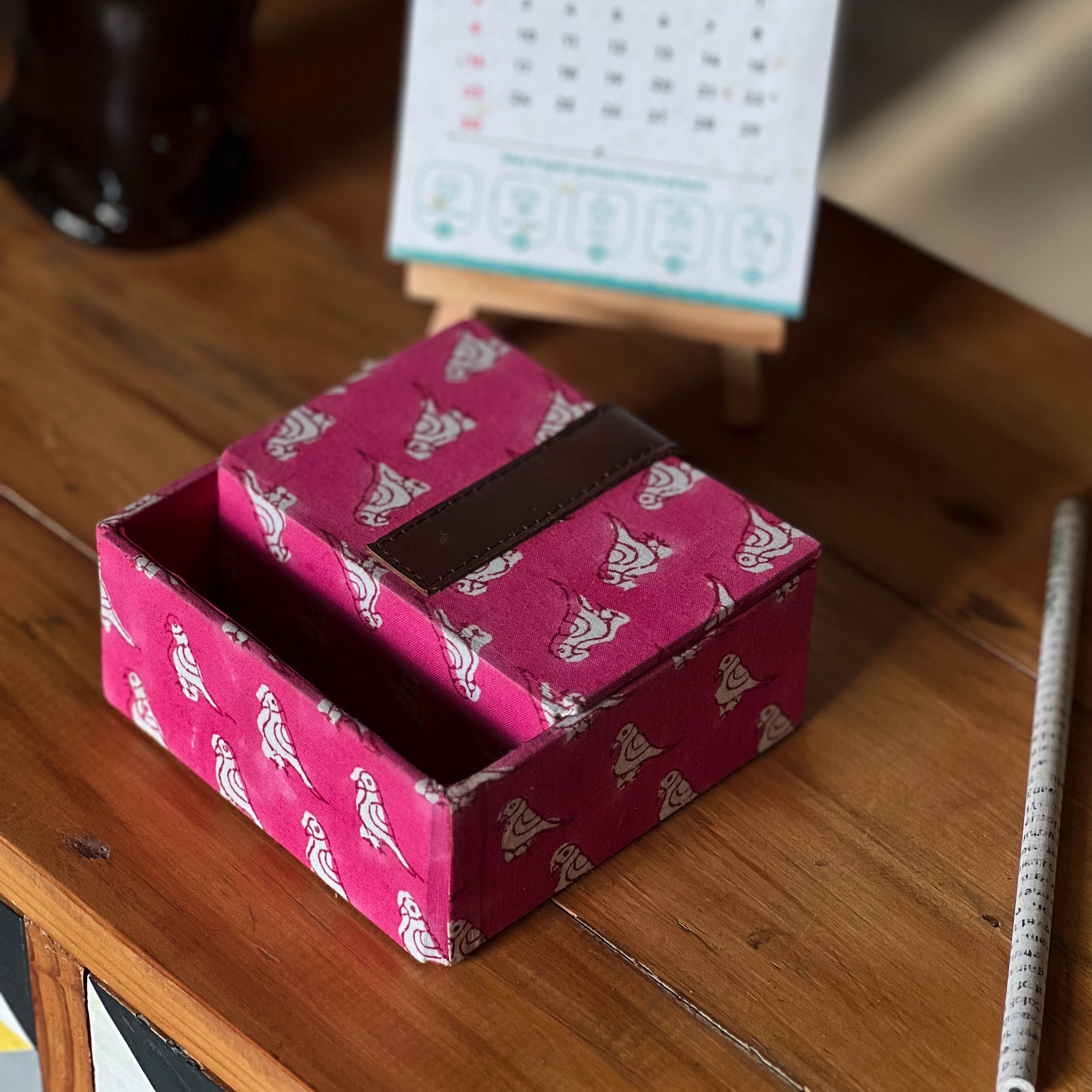 Pink Bird Business Card Holder Box | Handmade Desk Card Organizer | Sustainable Office Accessory | Scrapshala